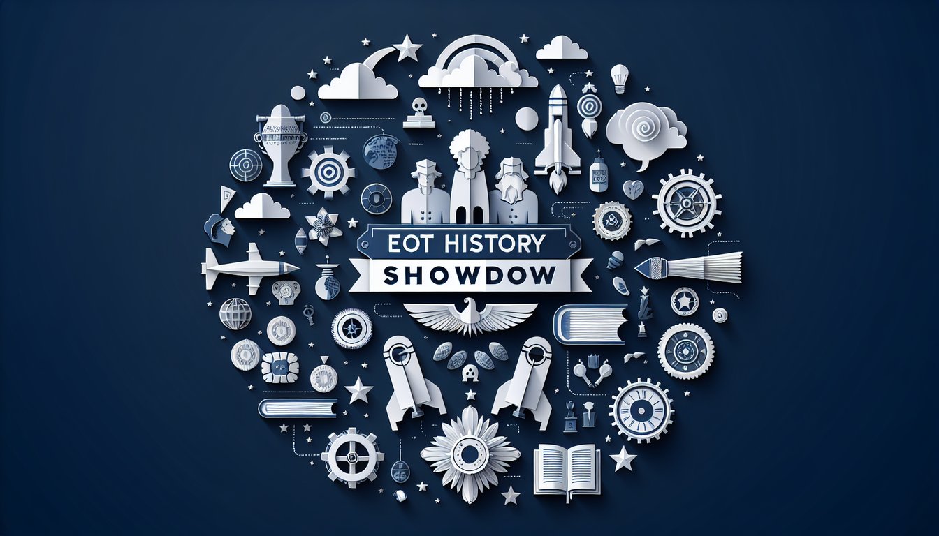 Paper art illustrating EOCT History Showdown, a dynamic quiz for high school students.