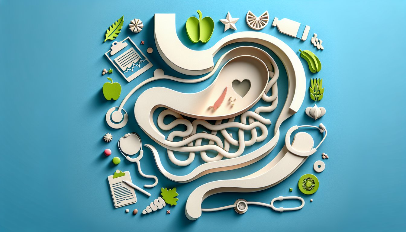 Paper art illustration for a gastroparesis symptoms quiz on a sky blue background.