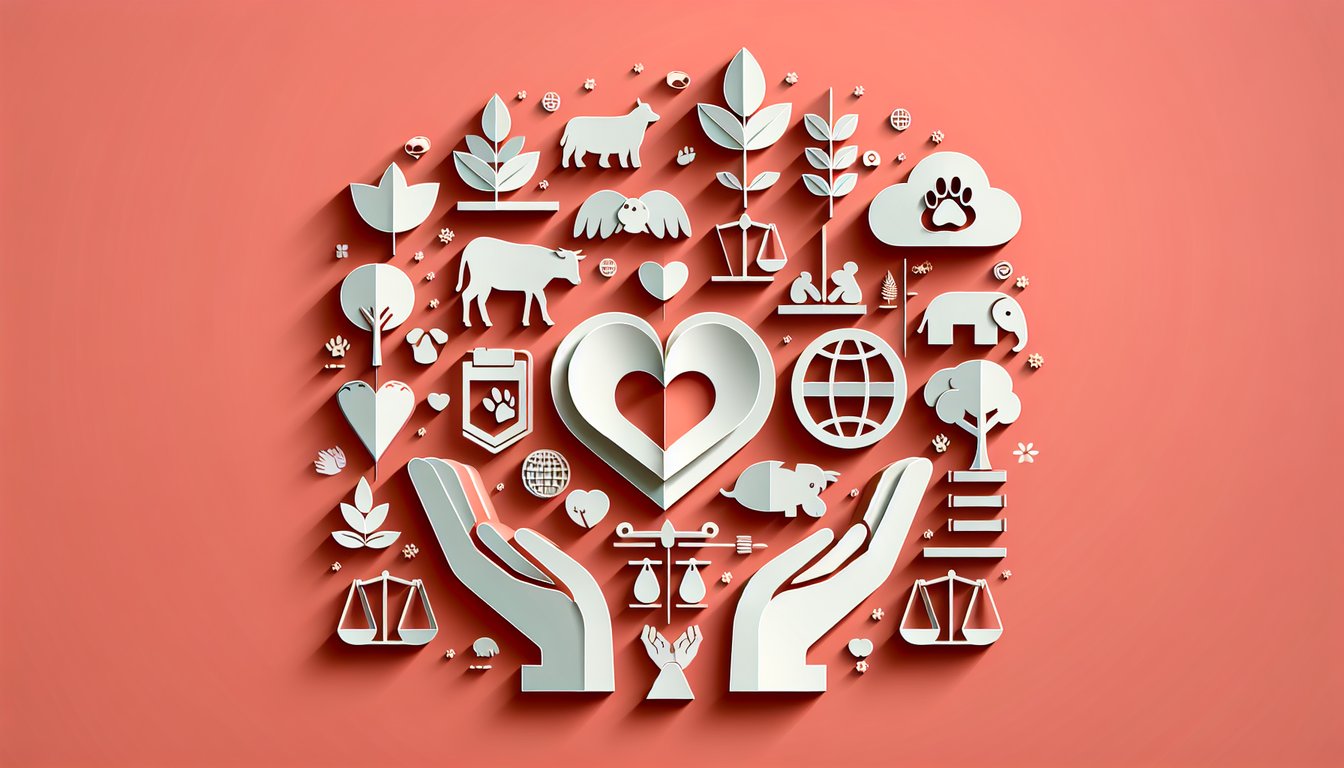 Paper cutout animals around question mark on coral background illustrating animal rights spectrum quiz