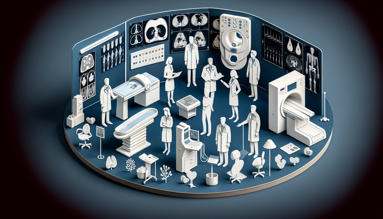Paper cut radiology icons, test questions, pencil, stethoscope, quiz graphic on dark blue background