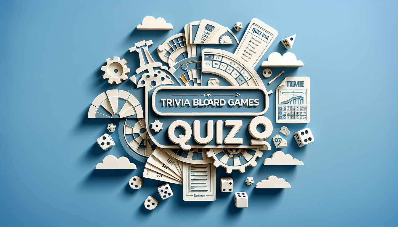 Paper art illustration for Trivia Board Games quiz on a sky blue background