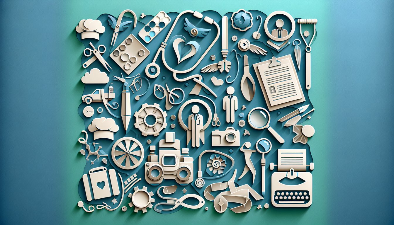 Paper art illustration with career icons and quiz title on teal background inviting users to discover their ideal job match