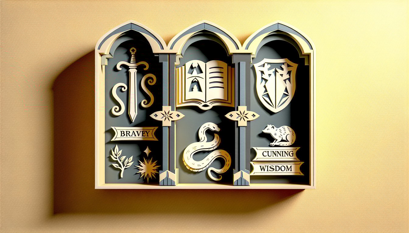 Paper art Hogwarts house symbols on golden yellow background inviting personality quiz to discover magical home