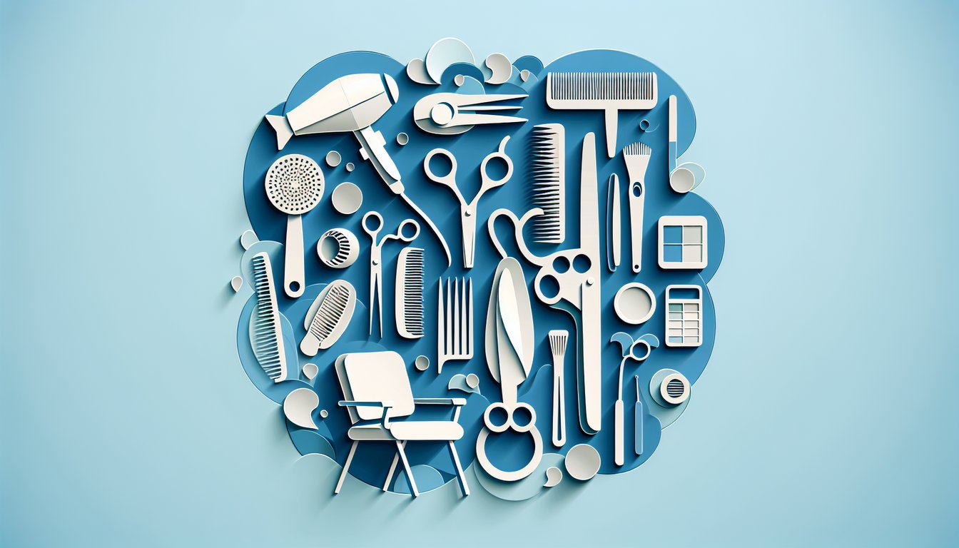 Paper art illustration for Washington State cosmetology exam practice test on sky blue background