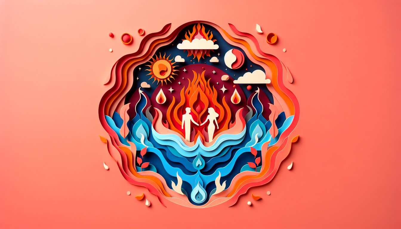 Paper art illustration for elemental personality quiz on a coral background
