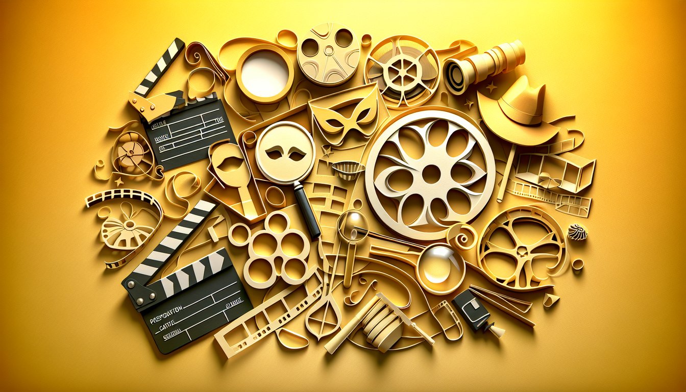 Paper art illustration for movie genre quiz on a golden yellow background