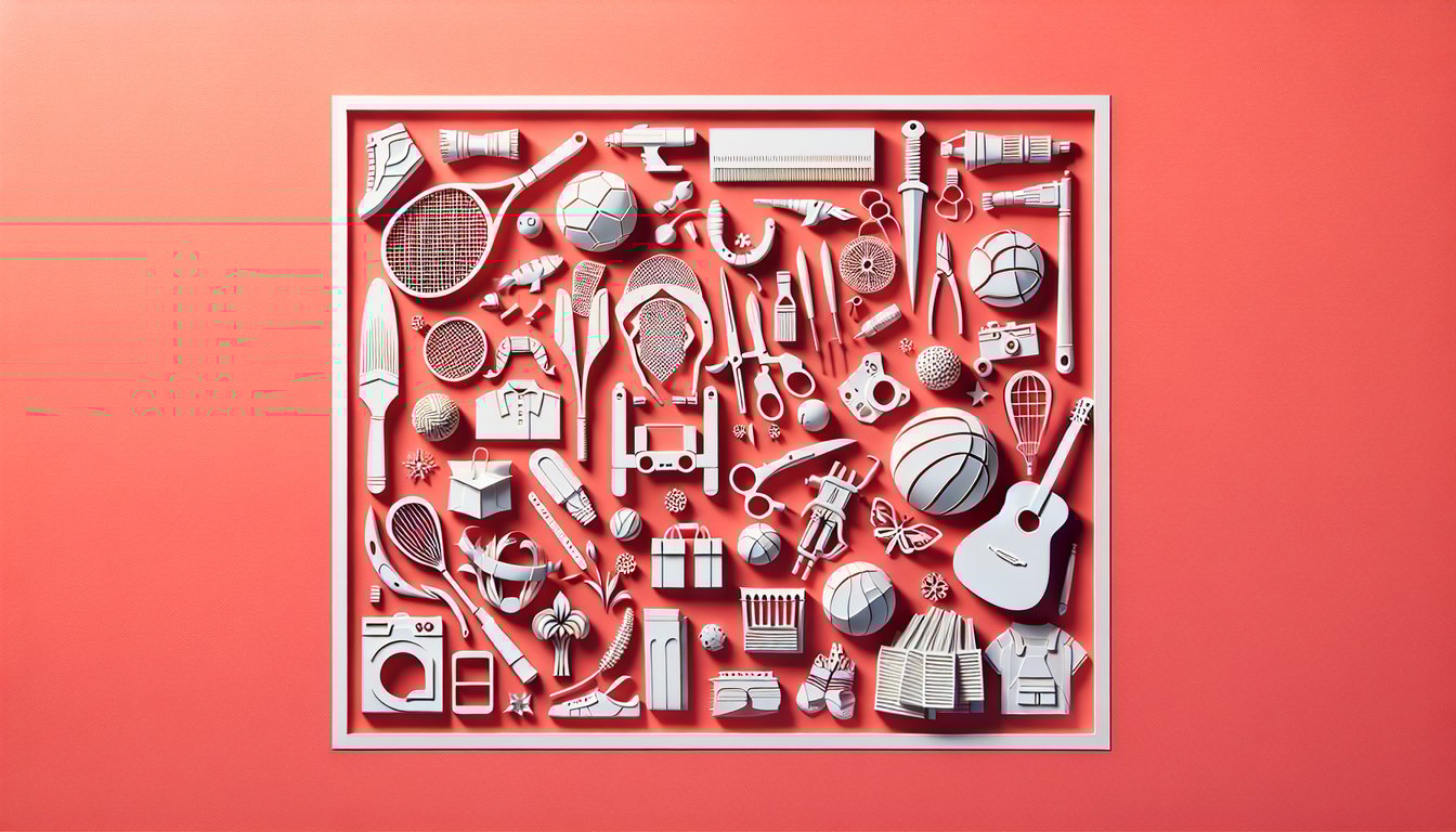 Paper art illustration for a hobby quiz on a coral background.