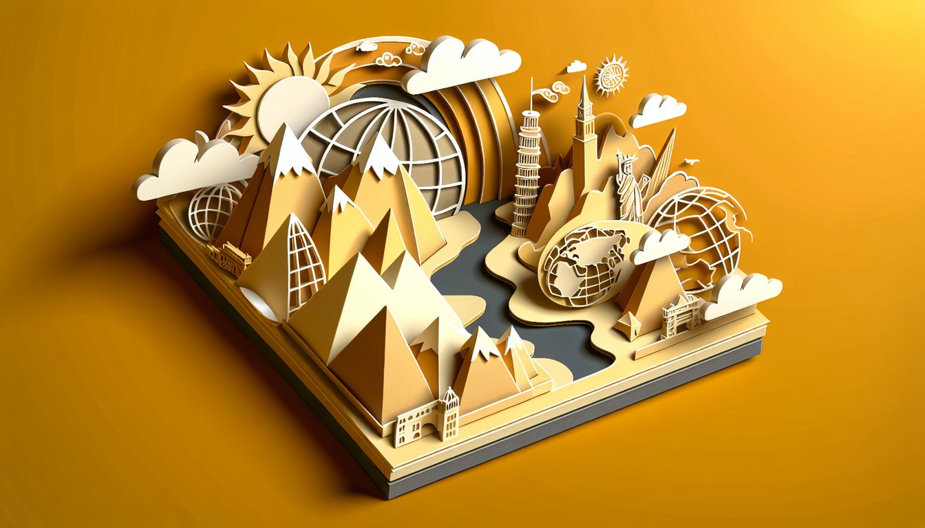 Paper art world map of layered continents on a golden yellow background for a geography quiz
