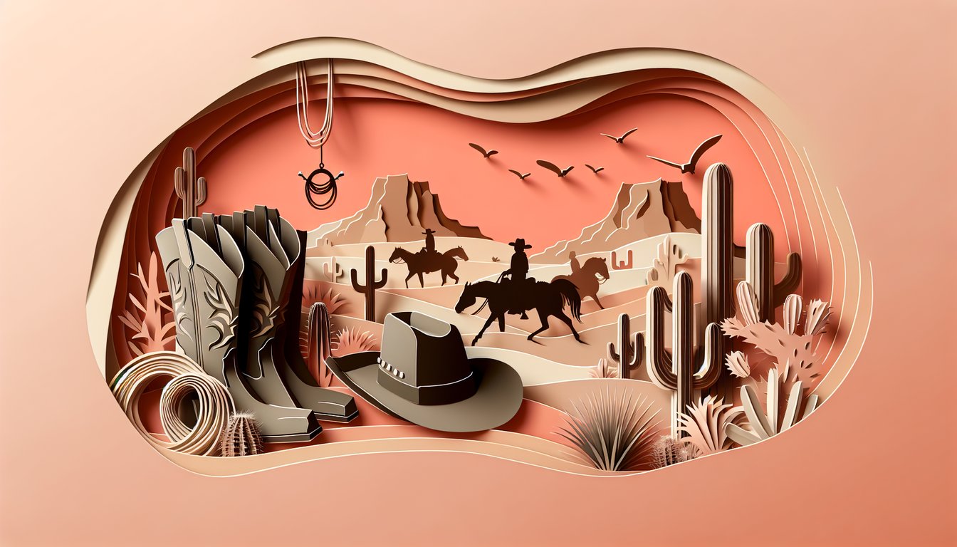 Paper art illustration for cowboy quiz showcasing frontier spirit on a coral background