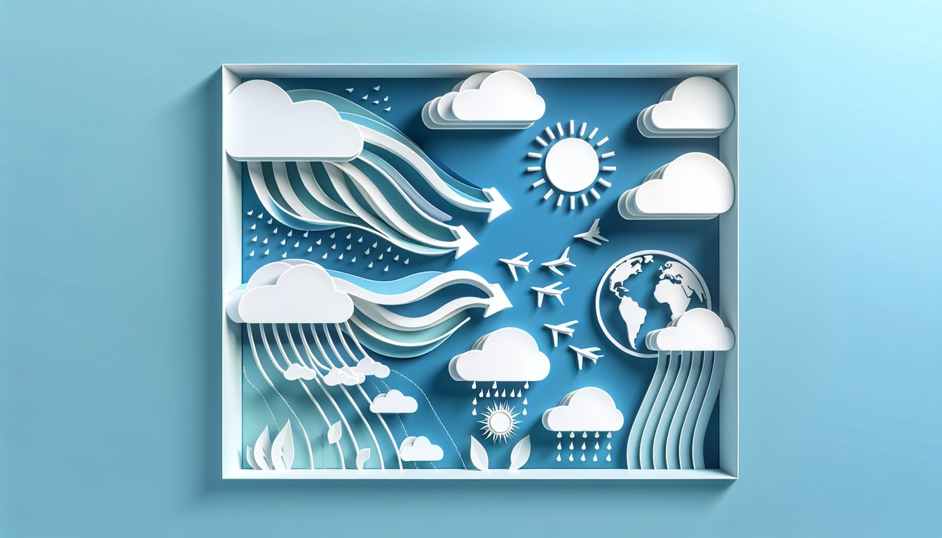 Paper art illustration of wavy winds arrows and globe on sky blue background for westerlies winds quiz