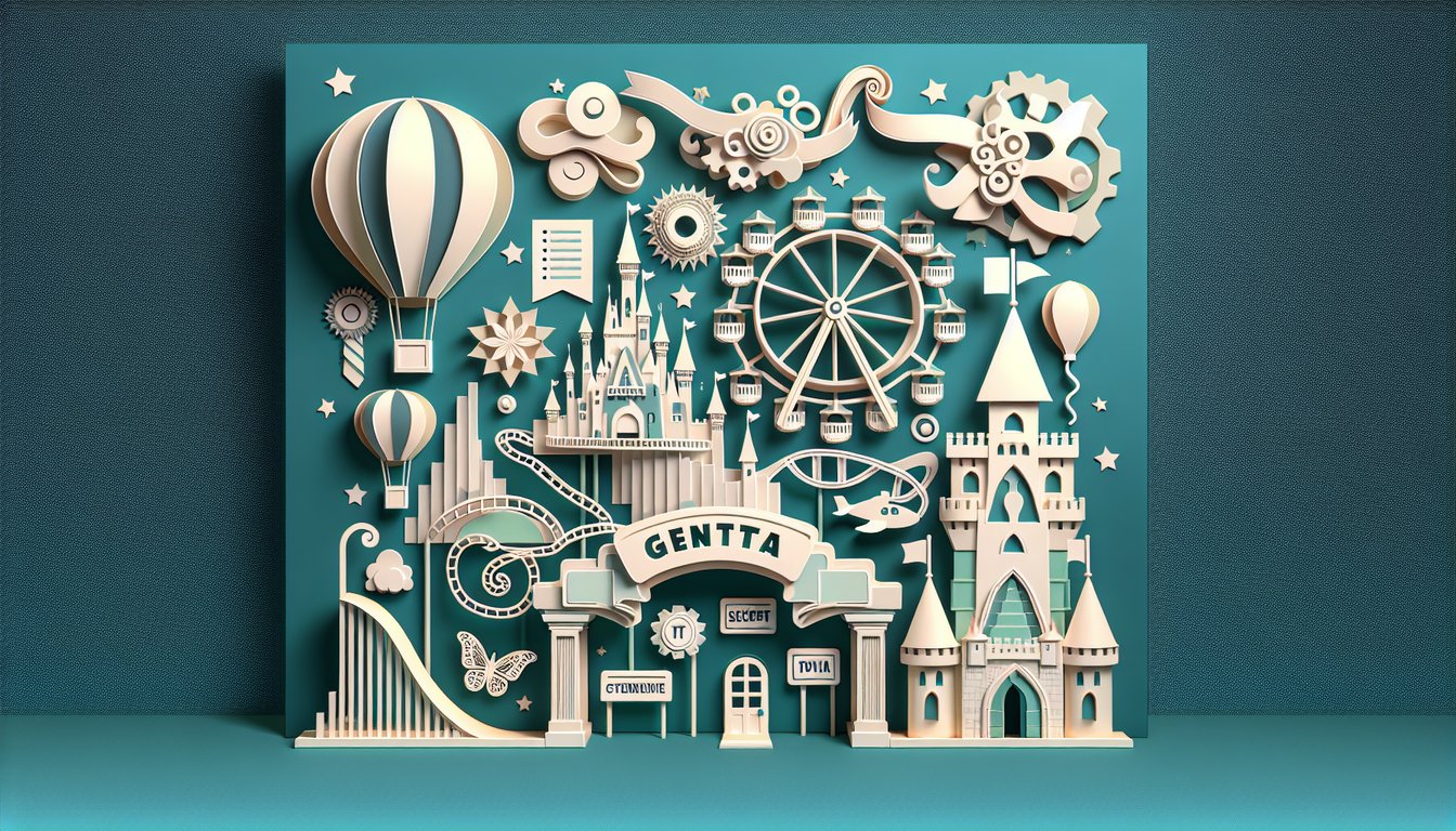 Paper art Disney Parks quiz icons collage attractions secrets trivia on teal background