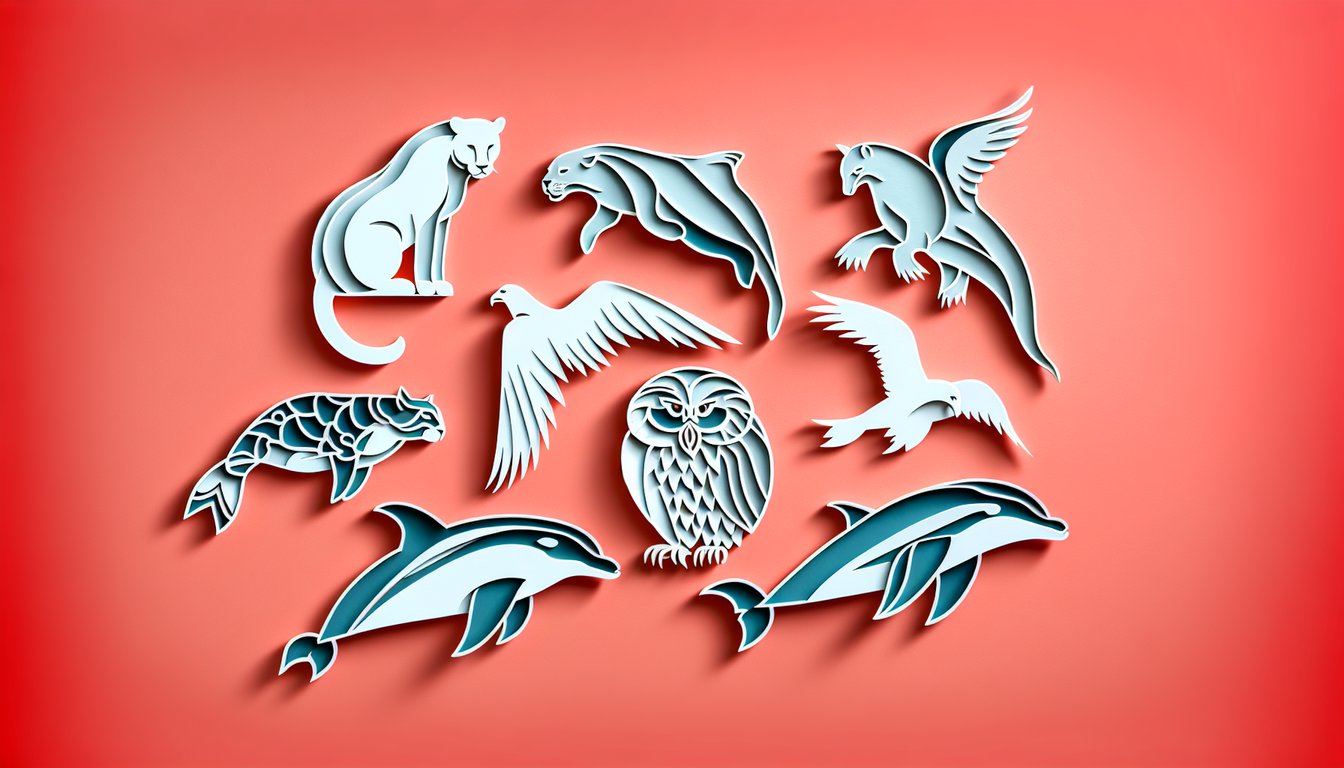 Layered paper cut silhouettes of fox owl wolf and elephant on coral background for spirit animal quiz