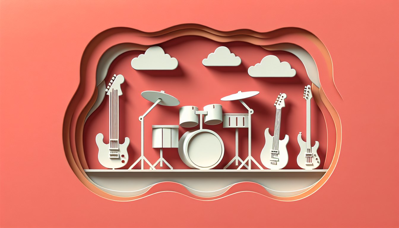 Paper-cut style guitar drums and bass icons on coral background invites you to discover your rock band instrument fit