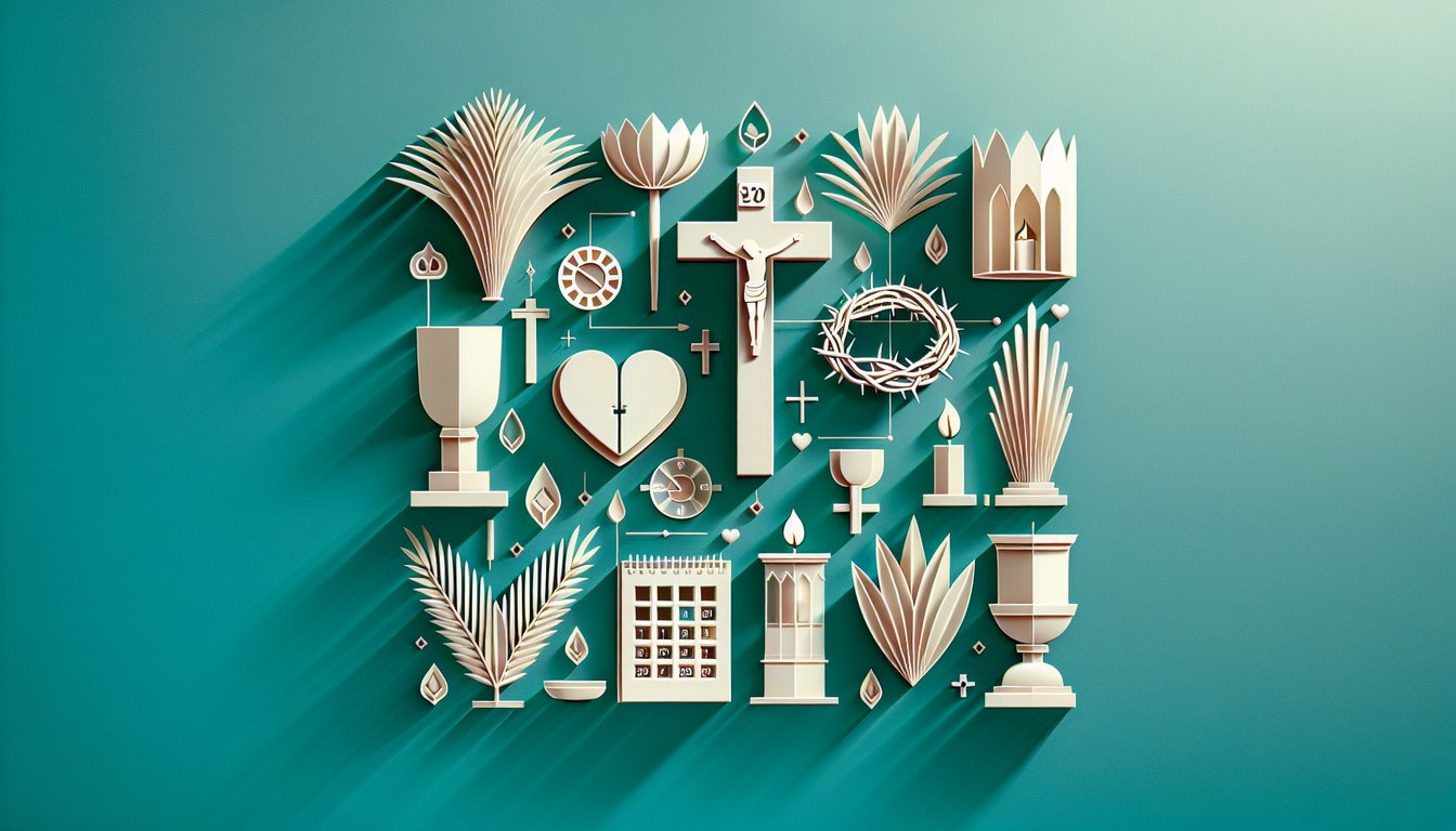 Paper art style quiz graphics with cross fish heart chalice symbols on teal background for Lent quiz