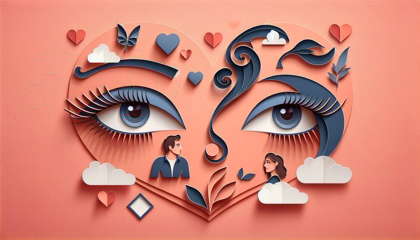 Paper art illustrating a quiz to decode if a man is flirting or just friendly on a coral background.