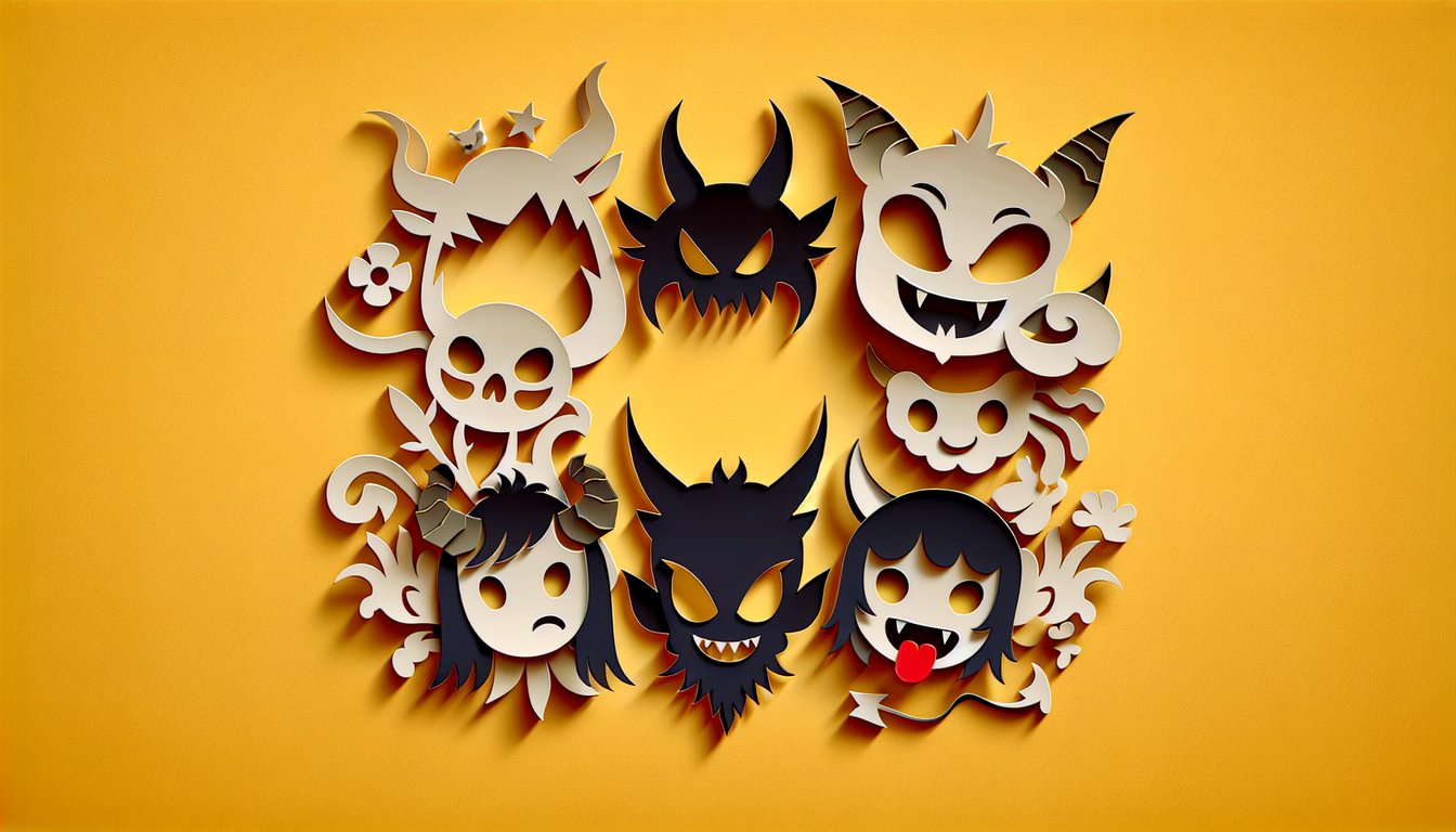 Paper art illustration for Hazbin Hotel personality match quiz on a golden yellow background