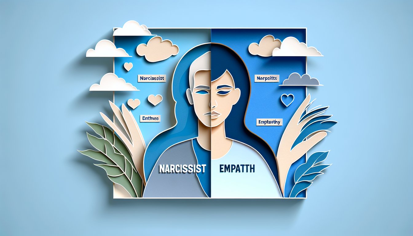 Paper art faces one cool one warm with Narcissist vs Empath quiz title on sky blue background
