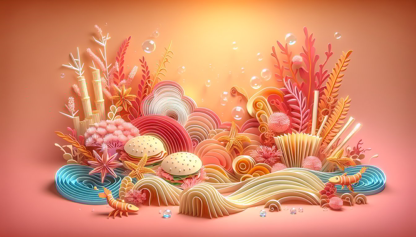 paper art illustration cooking utensils anime motifs on coral background, Food Wars character quiz theme