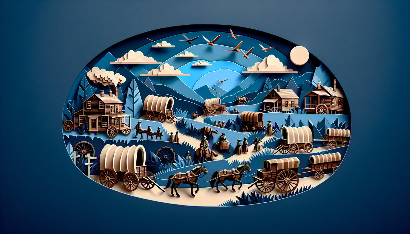 Paper art of covered wagon and pioneers against mountain silhouette on dark blue background for Westward Expansion quiz