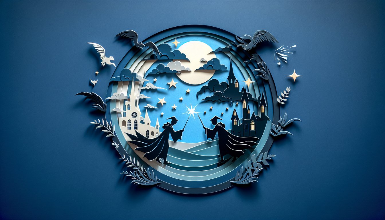 Paper art scene showing light and dark school towers with magical book, keys and stars on dark blue background