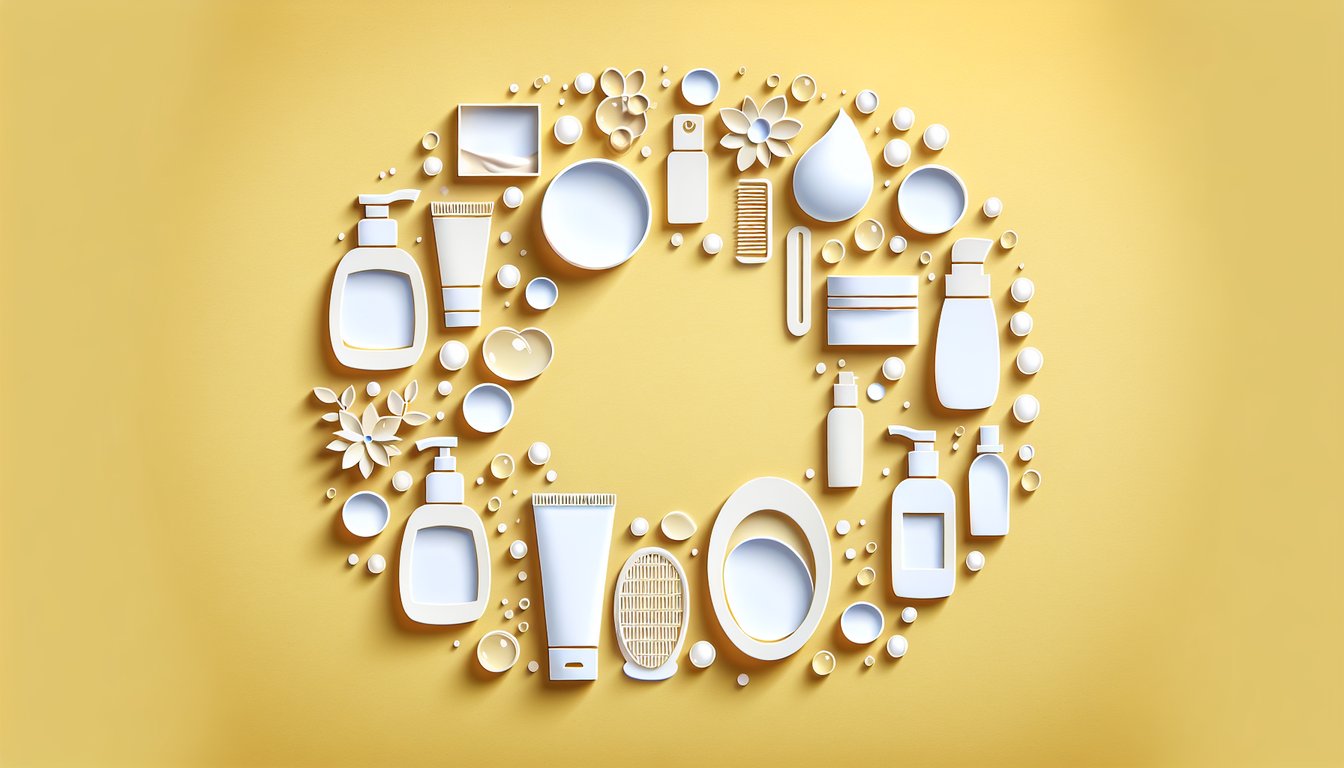 Paper art illustration skincare quiz with cleanser bottle serum jar towel skin icons on golden yellow background
