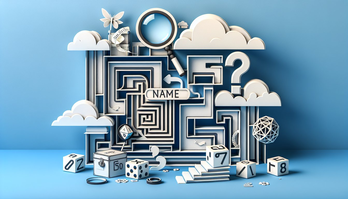 Paper art cutouts of question marks name tags and stars on sky blue background for free quiz revealing meaning of your name