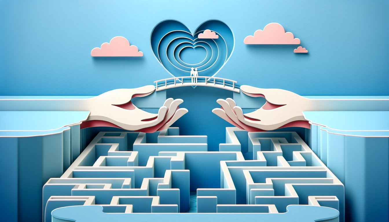 Paper art illustration for a relationship personality quiz on a sky blue background