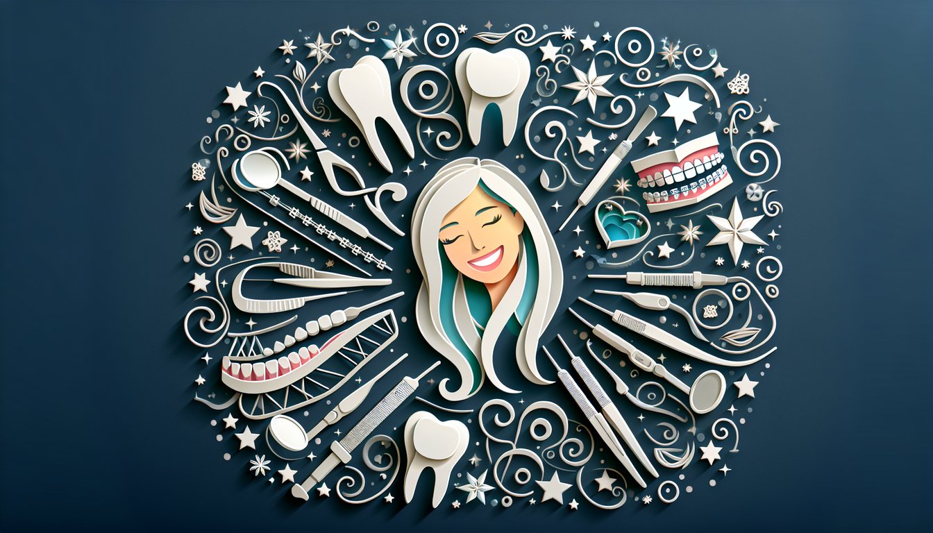 Paper art illustration for a dentistry quiz on a dark blue background