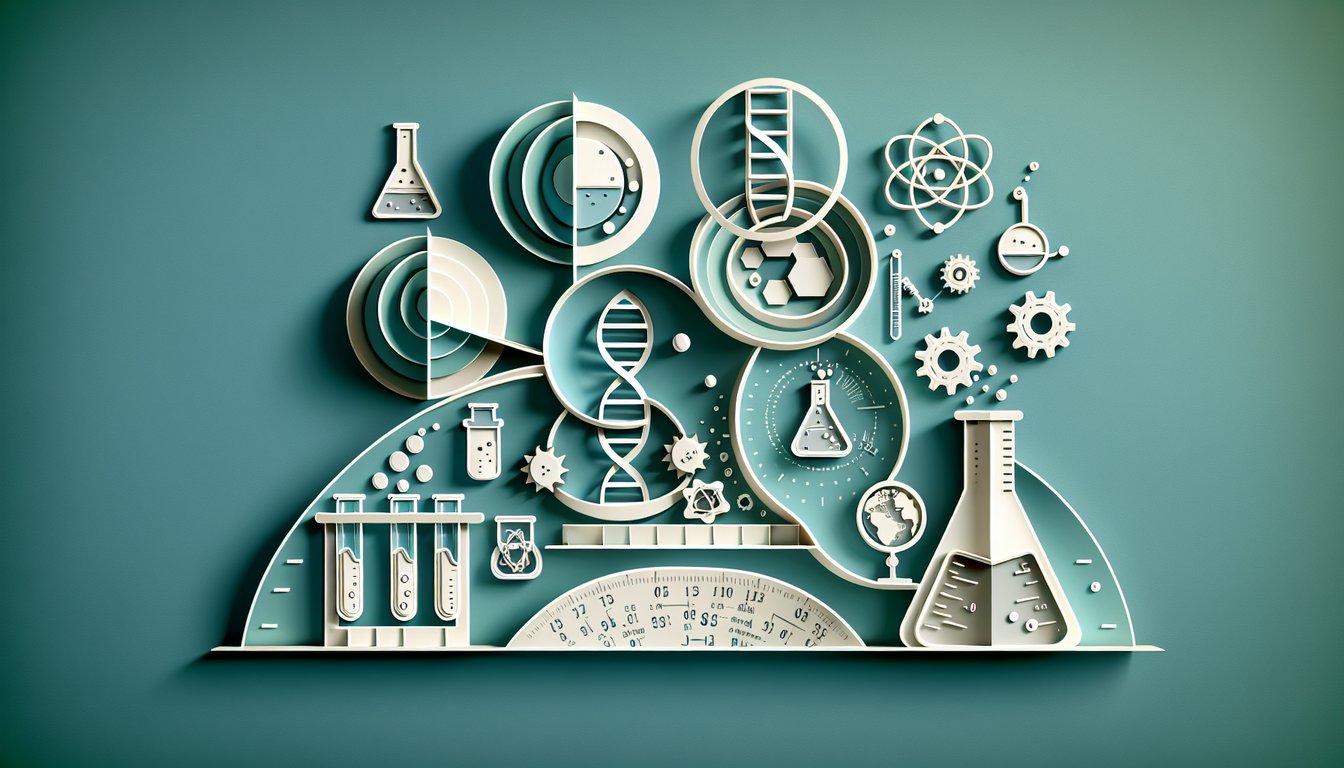 Paper art illustration of science icons beaker atom microscope pencil trophy on teal background for science olympiad quiz