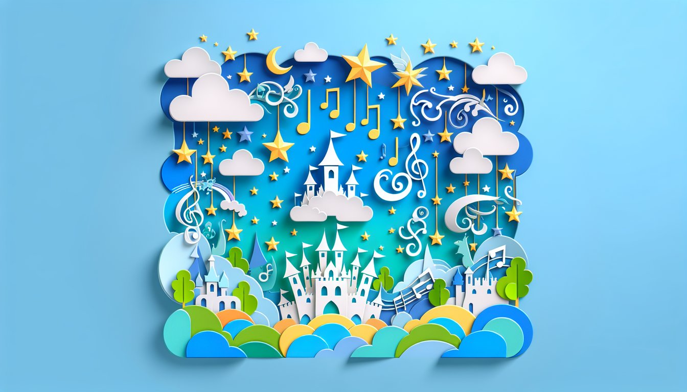 Paper art Disney quiz banner with cutouts of classic heroes villains and song notes on sky blue background