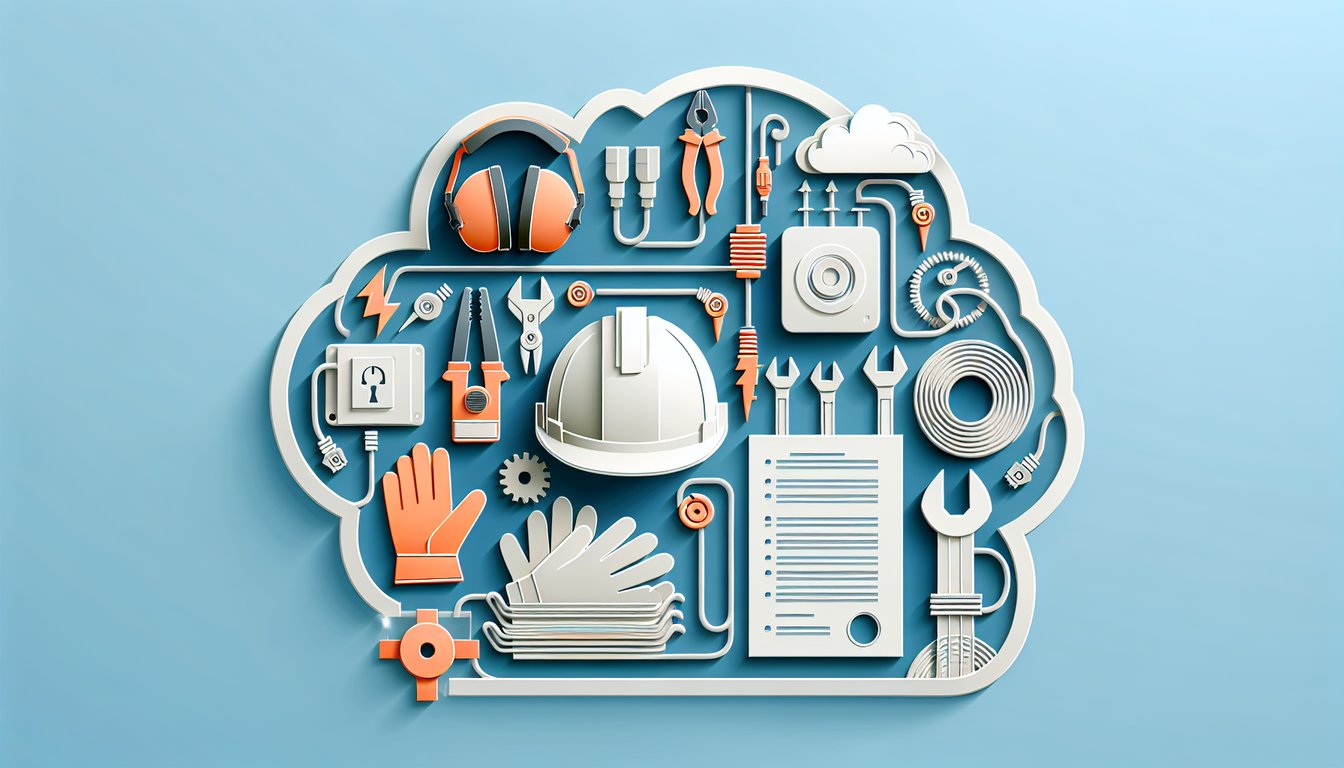 Paper art style electrical tools wiring safety helmet code book and MA Class D license quiz text on sky blue background