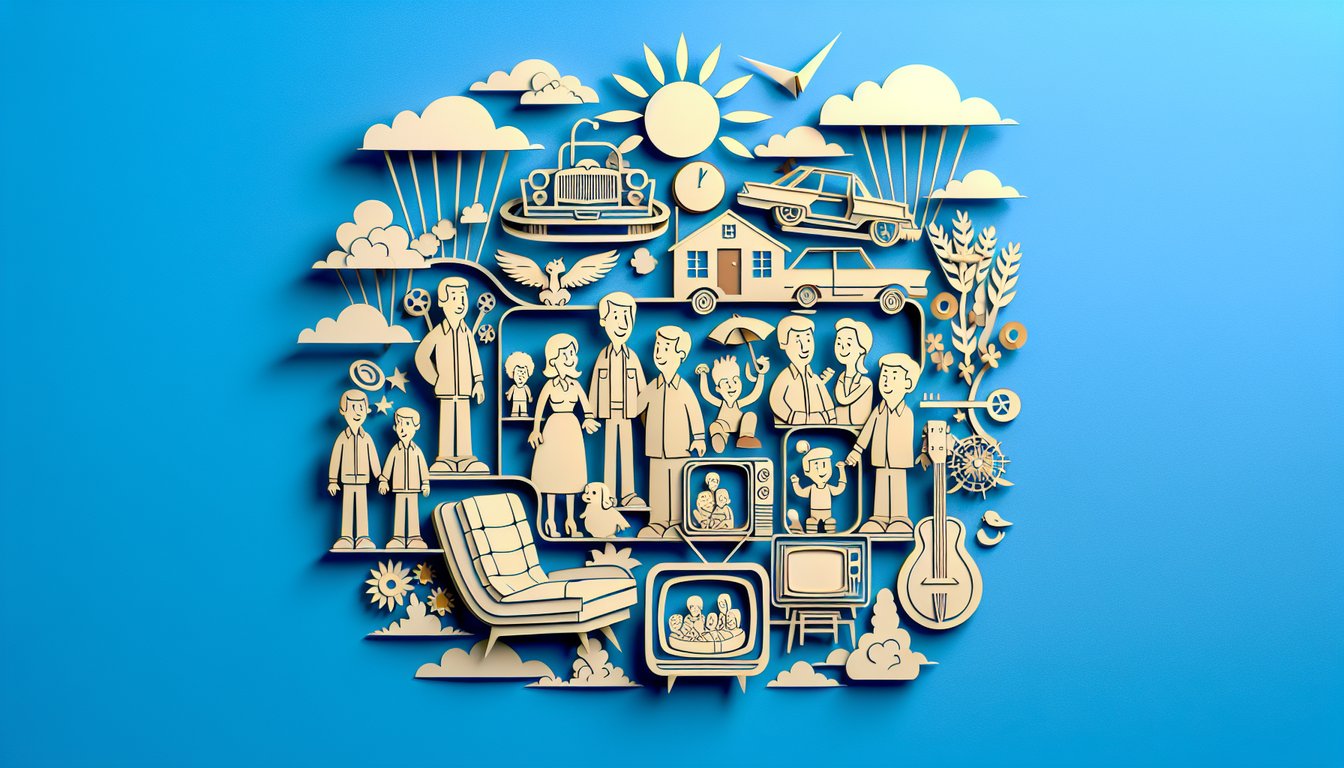 Paper art illustration for Modern Family trivia quiz on a sky blue background