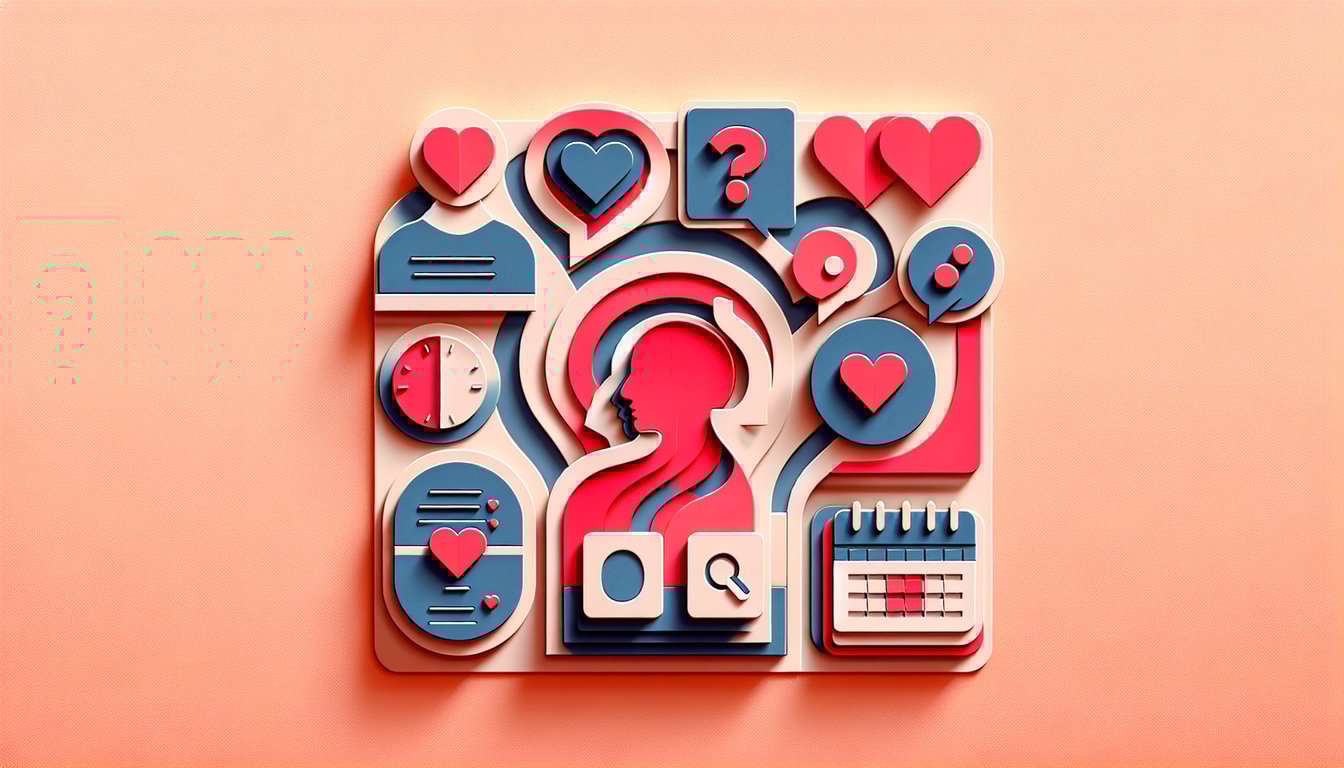 Paper cut hearts arrows and question marks on coral background for quiz on never dating reasons and dating style