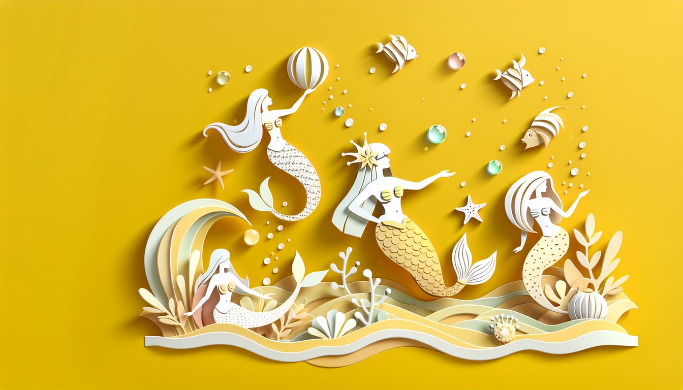 Paper art mermaid on golden yellow background inviting you to discover your H2O Just Add Water mermaid match.