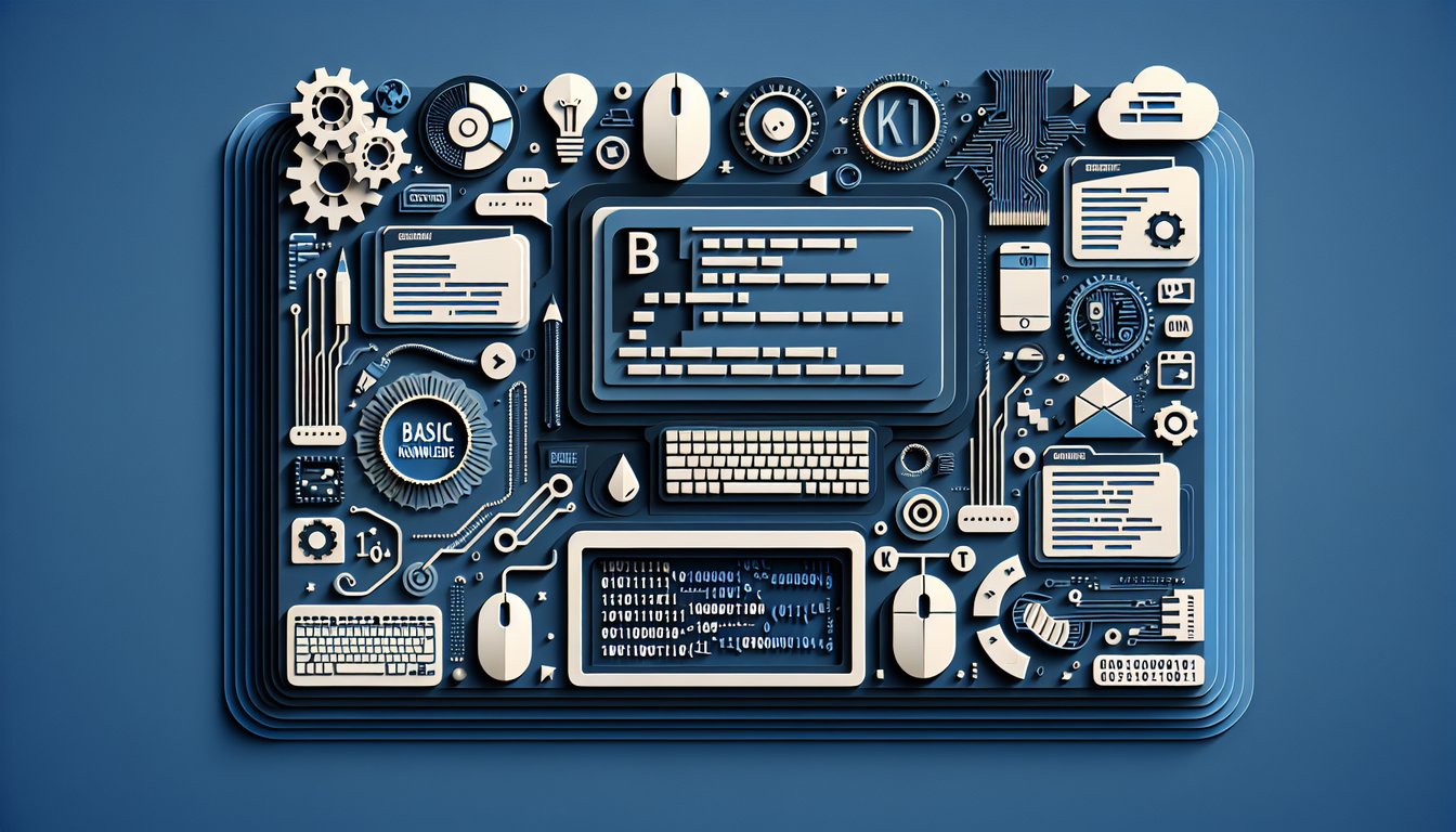 Paper art illustration of laptop keyboard code icons and quiz elements on dark blue background for basic IT skills challenge