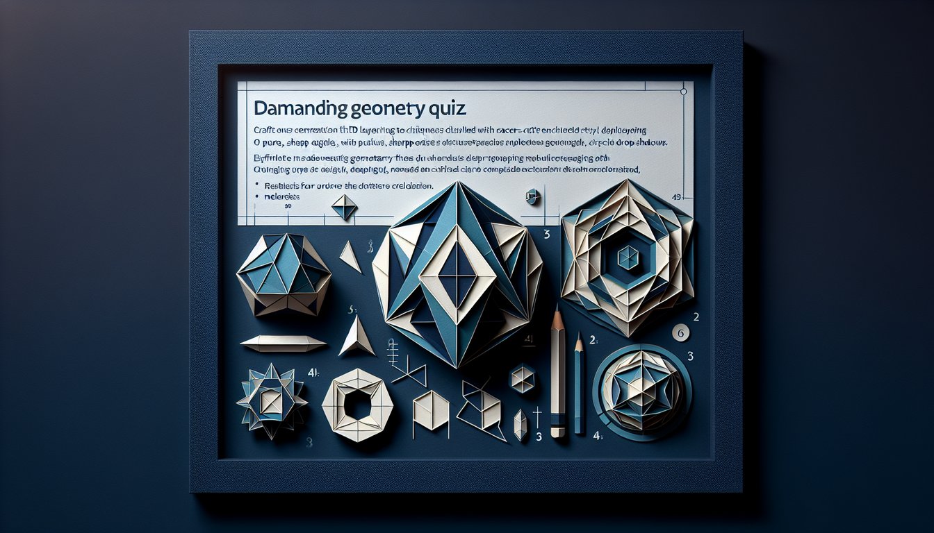 Paper art illustration with layered geometry shapes polygons circles triangles hard geometry quiz on dark blue background