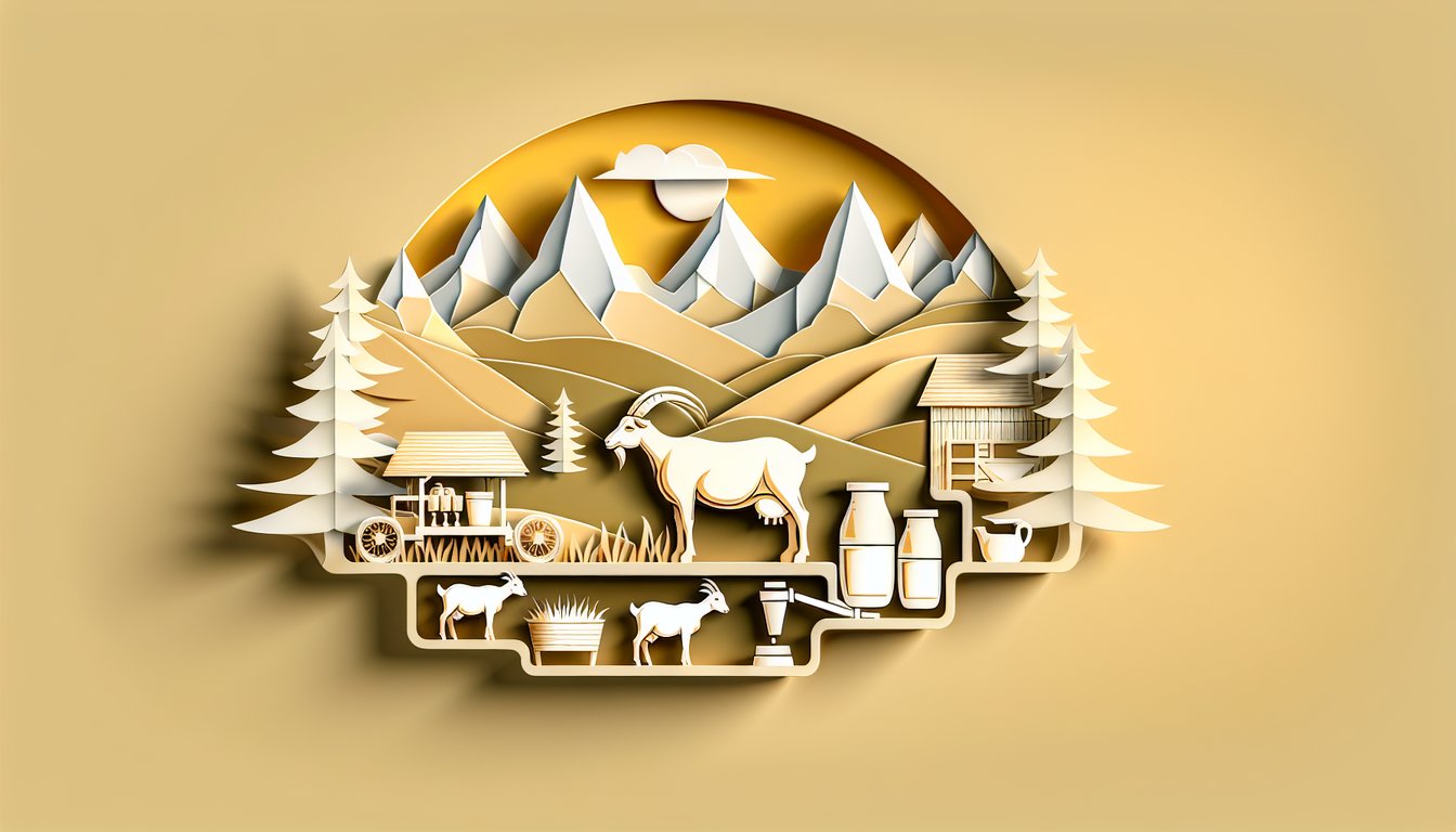Paper art illustration of alpine goat milk pail weight scale and quiz prompt on golden yellow background
