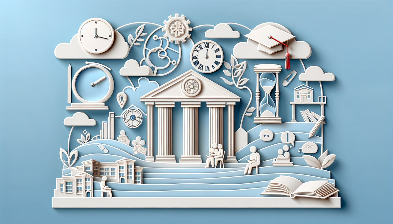 Paper art illustration for Cornell admission odds quiz on a sky blue background.
