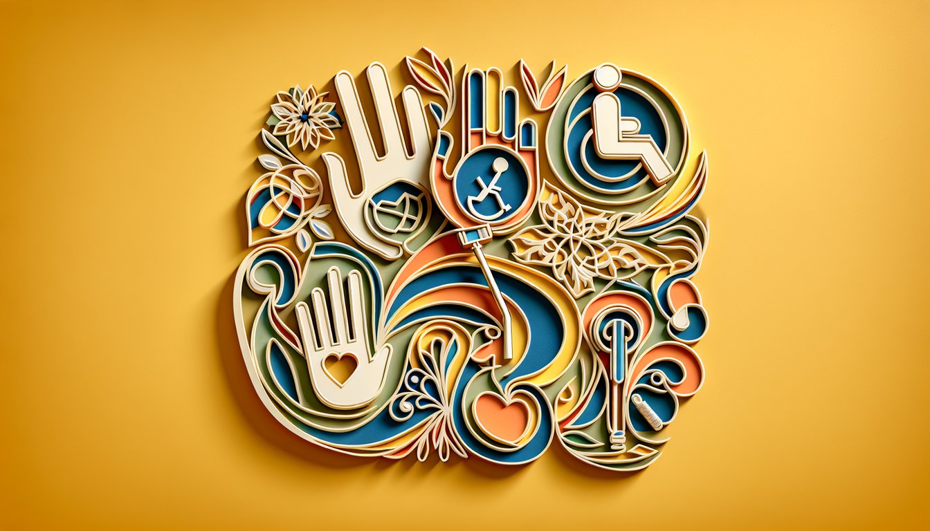 paper art puzzle icons symbolizing 10-question disability awareness quiz on golden yellow background