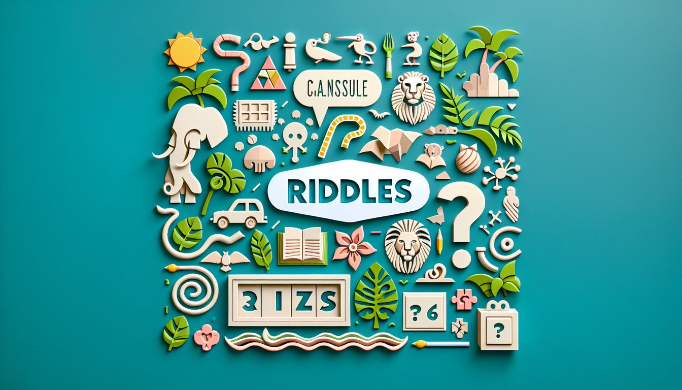 Paper art illustration for Jumanji riddles quiz with classic trivia and puzzles on a teal background.