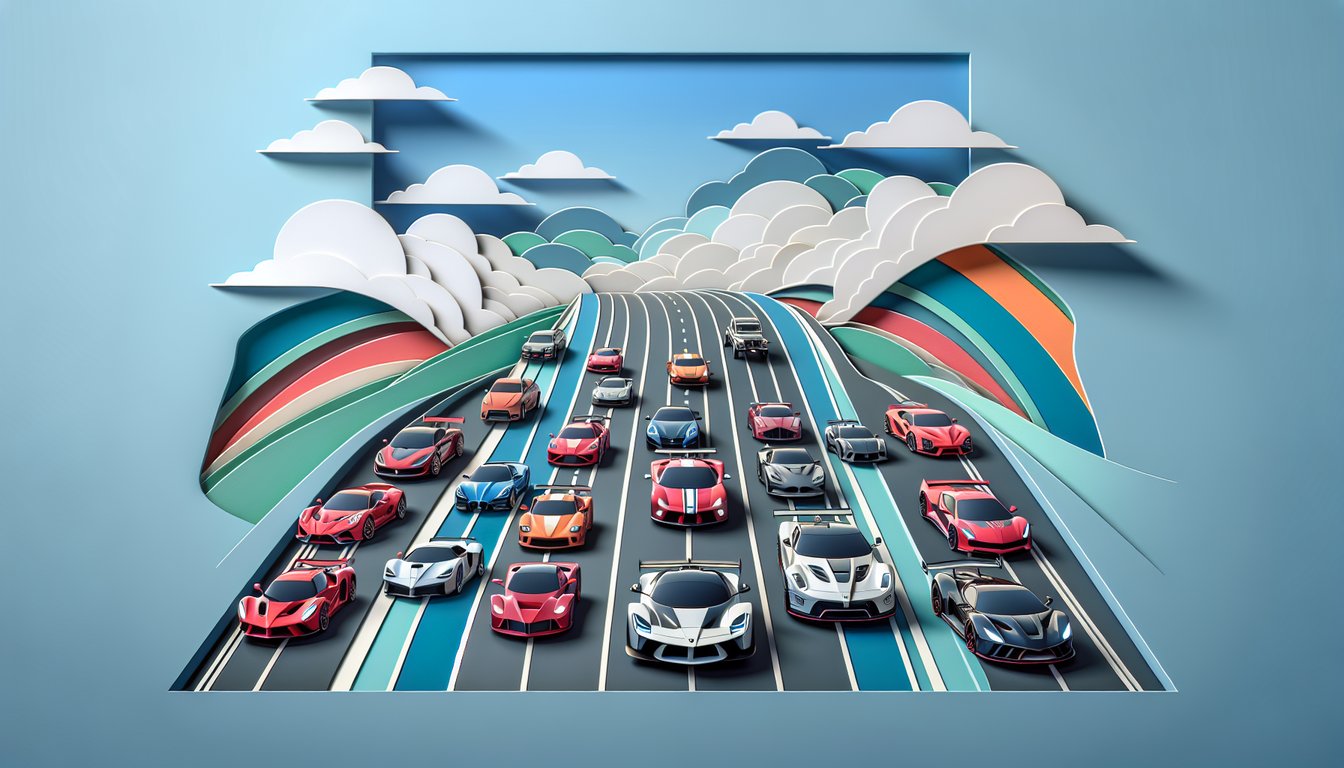paper art illustration of a red supercar in paper-cut style on a sky blue background for a supercar personality quiz