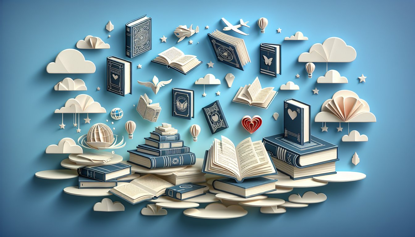 Paper art books and quiz icons on sky blue background, inviting users to answer fun questions to find their next book match