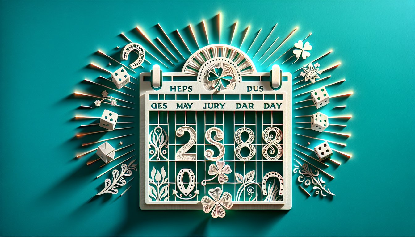 Paper art calendar with days of week icons, confetti and stars on teal background for free lucky day quiz