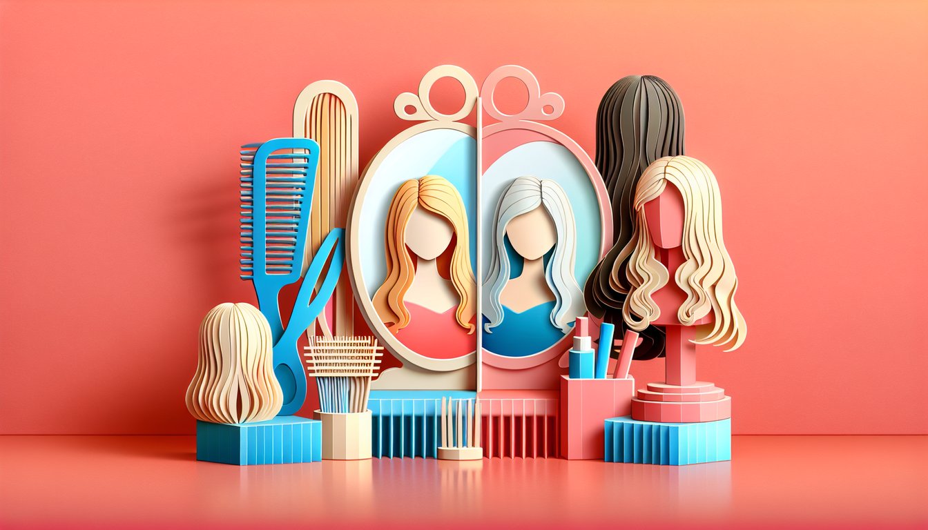 Paper art illustration for hair color quiz on a coral background