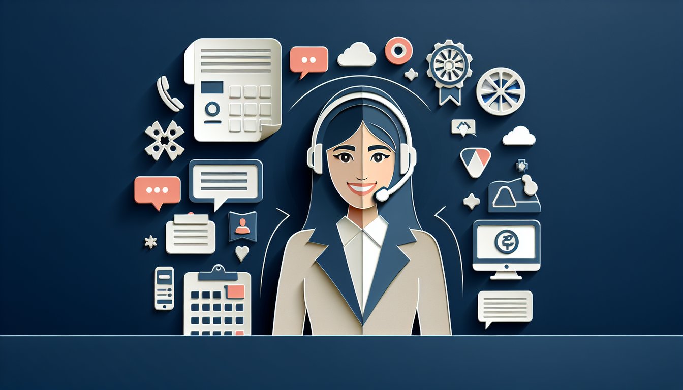 Paper art quiz with headset clipboard chat bubbles on dark blue background for free customer service trivia