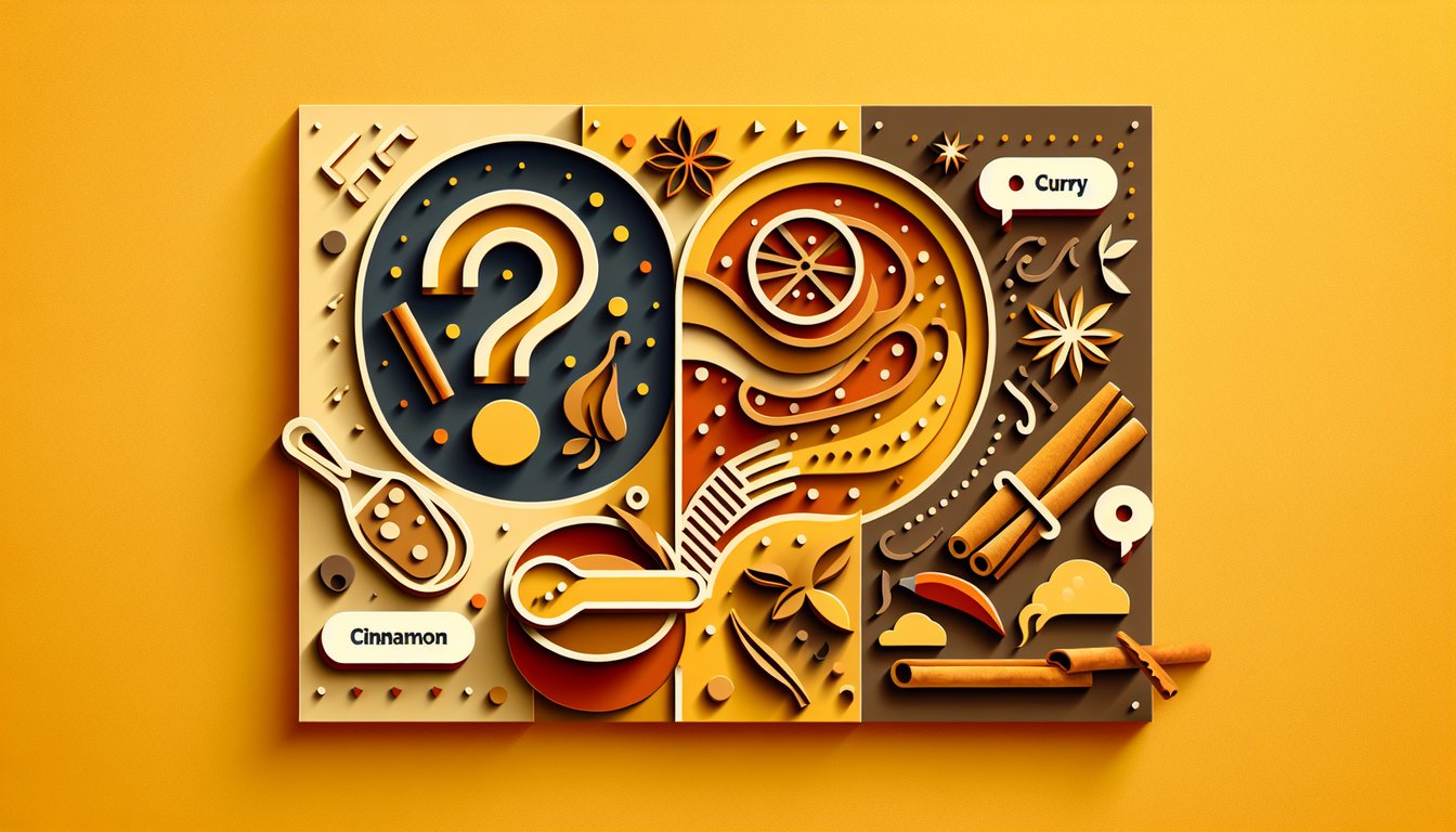 Paper art collage of cinnamon sticks chili peppers curry leaves on golden yellow backdrop hinting spice personality quiz