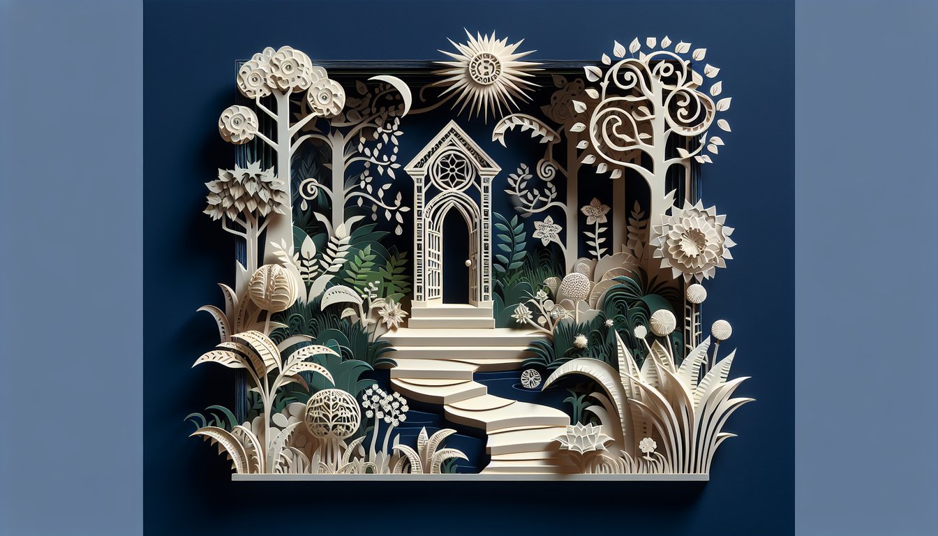 Paper cut collage garden scene with key and book elements on dark blue background for Secret Garden trivia quiz