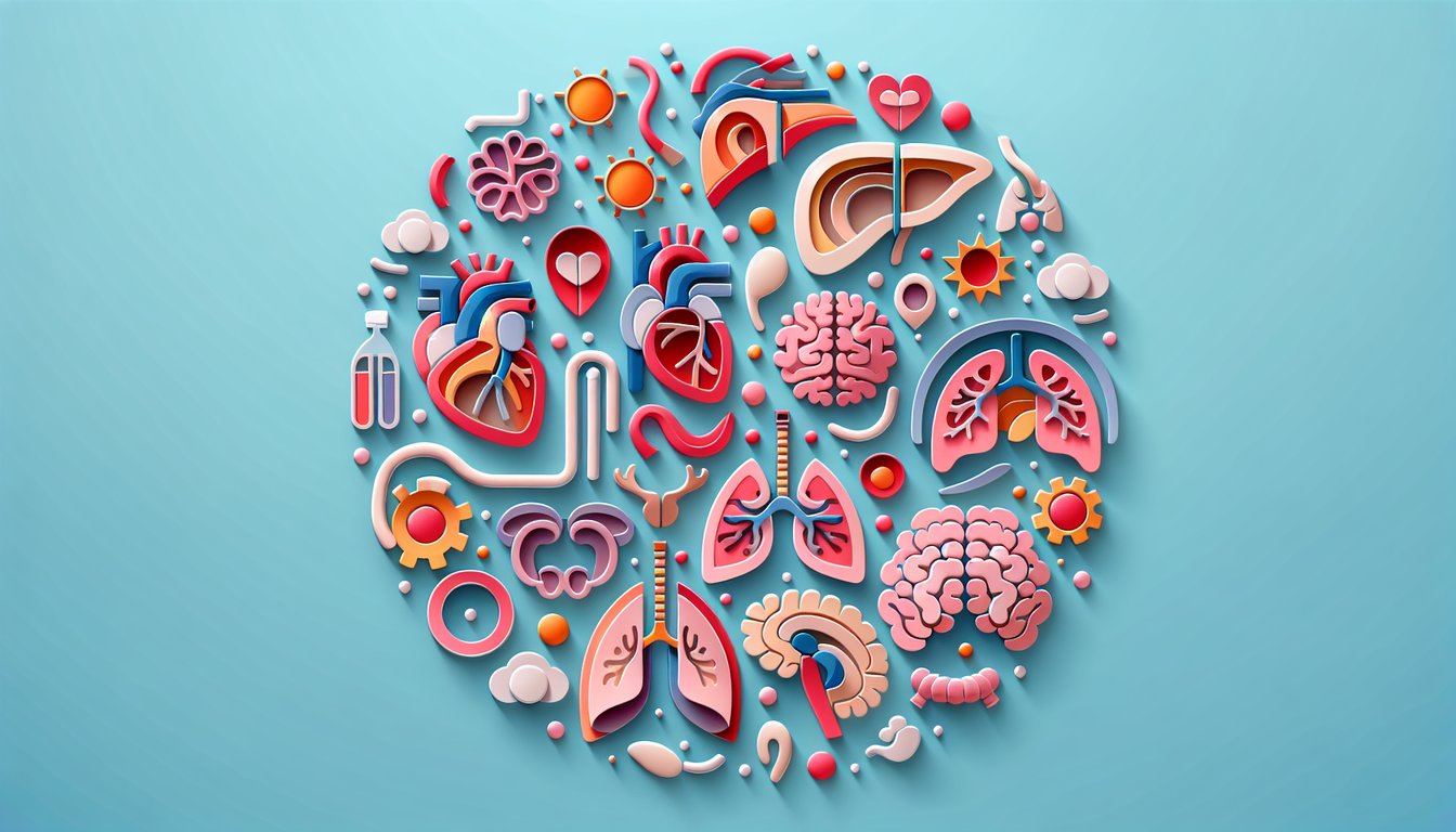 Paper art illustration showing layered human body organs and skeleton silhouettes on sky blue background for anatomy quiz.