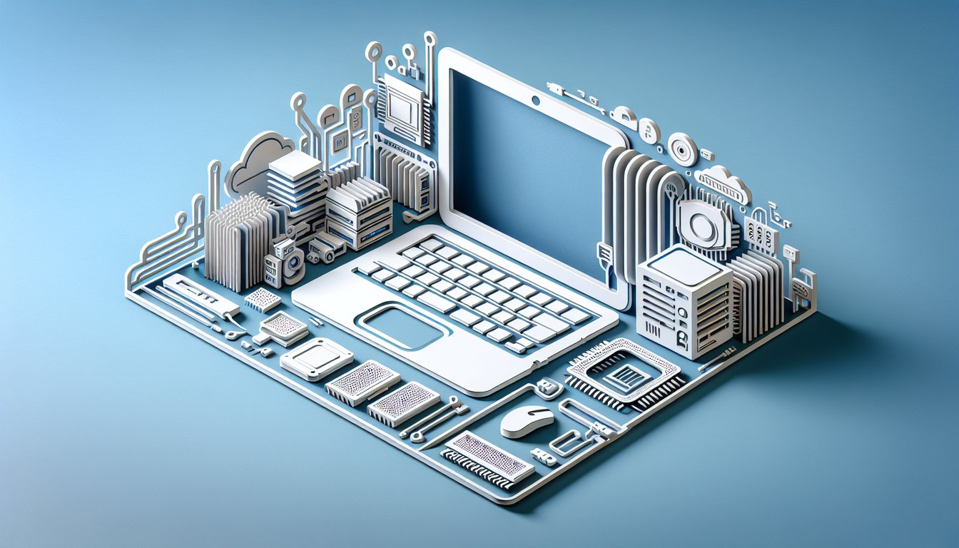Paper art illustration for tech savvy laptop quiz on a sky blue background
