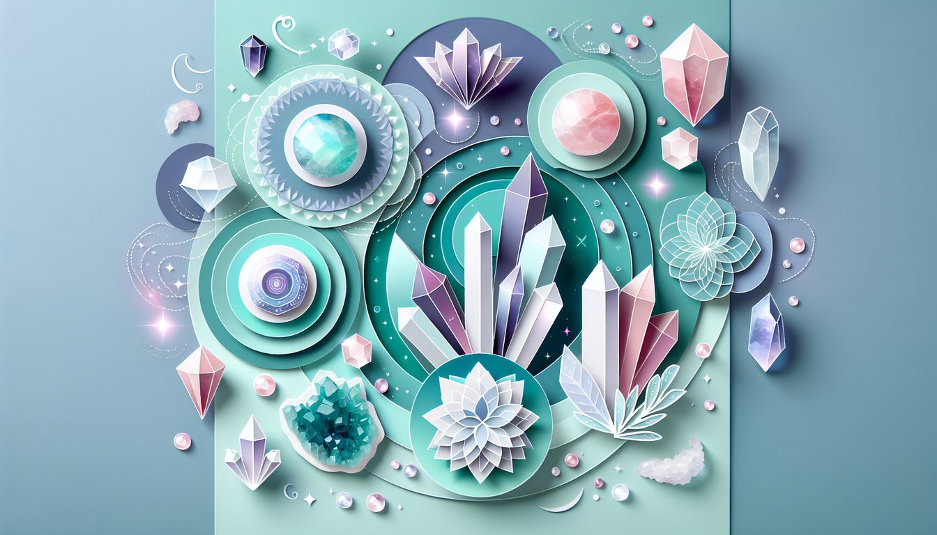 Paper art illustration showing assorted healing crystals floating above an open hand on teal background quiz banner.